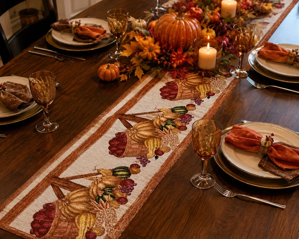 Thanksgiving Harvest Table Runner Pumpkin Cornucopia Fall Farmhouse Decor Linen